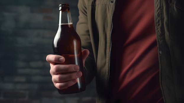 close up of caucasian man holding a brown bottle of beer in his hand on black background. Neural network generated in May 2023. Not based on any actual person, scene or pattern.