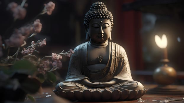 Buddha in a lotus position small statue in dark religious thoughtful environment. Neural network generated in May 2023. Not based on any actual person, scene or pattern.