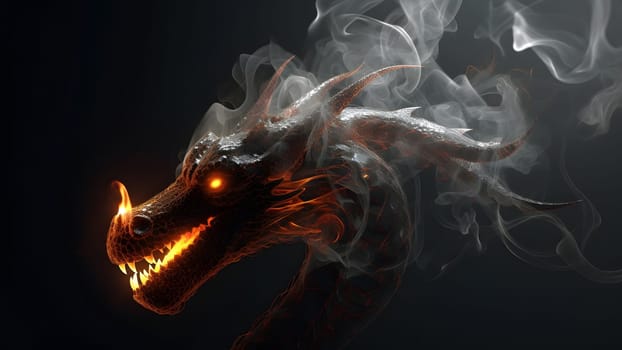 ethereal dragon with smoke on black background. Neural network generated in May 2023. Not based on any actual person, scene or pattern.