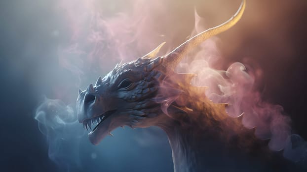 ethereal dragon with smoke on black background. Neural network generated in May 2023. Not based on any actual person, scene or pattern.