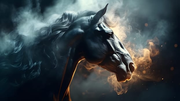 artisticly lit horse head with smoke and fumes on black background. Neural network generated in May 2023. Not based on any actual scene or pattern.