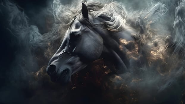 artisticly lit horse head with smoke and fumes on black background. Neural network generated in May 2023. Not based on any actual scene or pattern.