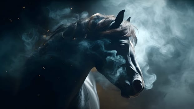 artisticly lit horse head with smoke and fumes on black background. Neural network generated in May 2023. Not based on any actual scene or pattern.