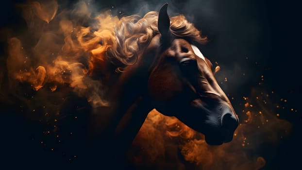 artisticly lit horse head with smoke and fumes on black background. Neural network generated in May 2023. Not based on any actual scene or pattern.