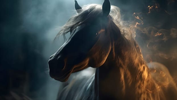 artisticly lit horse head with smoke and fumes on black background. Neural network generated in May 2023. Not based on any actual scene or pattern.