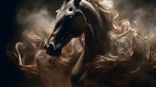 artisticly lit horse head with smoke and fumes on black background. Neural network generated in May 2023. Not based on any actual scene or pattern.