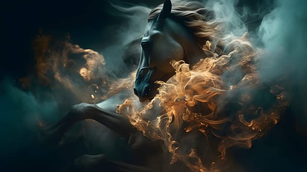 artisticly lit horse head with smoke and fumes on black background. Neural network generated in May 2023. Not based on any actual scene or pattern.