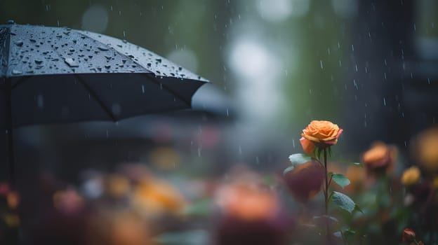 rainy funeral with bokeh. Neural network generated in May 2023. Not based on any actual person, scene or pattern.