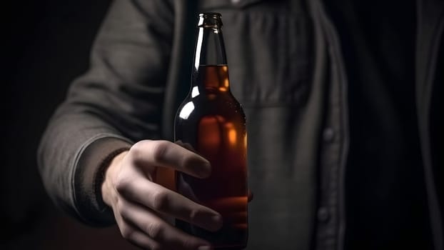 close up of caucasian man holding a brown bottle of beer in his hand on black background. Neural network generated in May 2023. Not based on any actual person, scene or pattern.