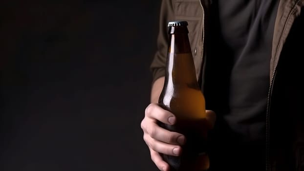 close up of caucasian man holding a brown bottle of beer in his hand on black background. Neural network generated in May 2023. Not based on any actual person, scene or pattern.