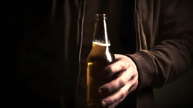 close up of caucasian man holding a brown bottle of beer in his hand on black background. Neural network generated in May 2023. Not based on any actual person, scene or pattern.