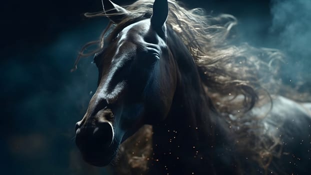 artisticly lit horse head with smoke and fumes on black background. Neural network generated in May 2023. Not based on any actual scene or pattern.