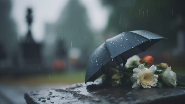 rainy funeral with bokeh. Neural network generated in May 2023. Not based on any actual person, scene or pattern.