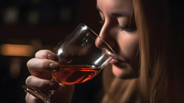 Close up view of caucasian woman drinking alcohol from wineglass. Neural network generated in May 2023. Not based on any actual person, scene or pattern.