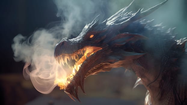 ethereal dragon with smoke on black background. Neural network generated in May 2023. Not based on any actual person, scene or pattern.