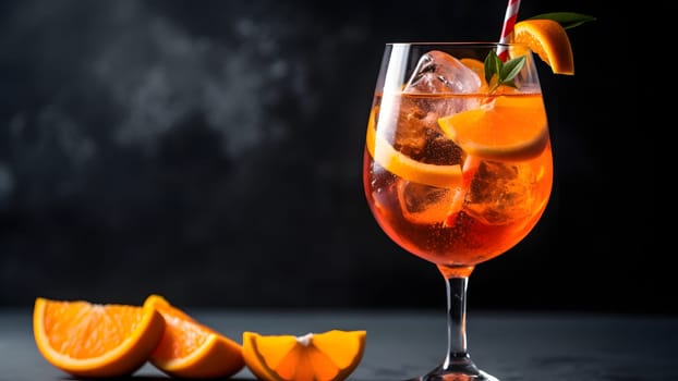 orange alcohol cocktail aperitif with oranges and ice in glass with straws. Neural network generated in May 2023. Not based on any actual scene or pattern.