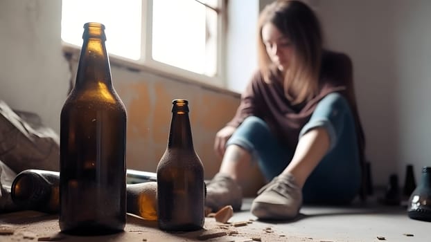 homeless caucasian squatter woman surrounded with empty bottles. Neural network generated in May 2023. Not based on any actual person, scene or pattern.