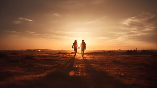 A heterosexual human couple silhouettes holding hands and walking towards dawn at summer field. Neural network generated in May 2023. Not based on any actual person, scene or pattern.