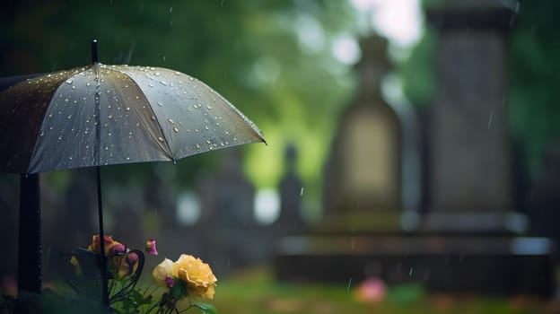 rainy funeral with bokeh. Neural network generated in May 2023. Not based on any actual person, scene or pattern.