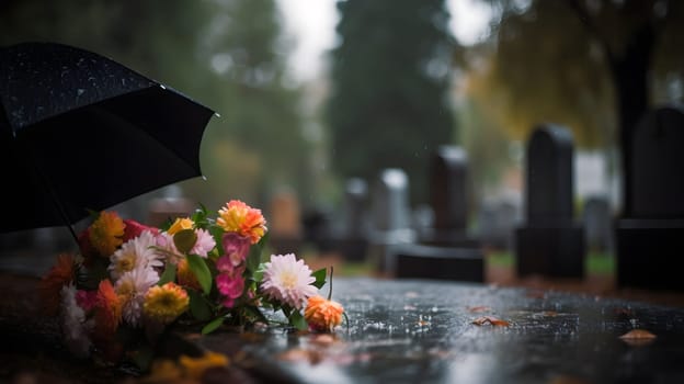 rainy funeral with bokeh. Neural network generated in May 2023. Not based on any actual person, scene or pattern.
