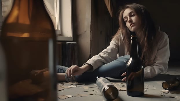 homeless caucasian squatter woman surrounded with empty bottles. Neural network generated in May 2023. Not based on any actual person, scene or pattern.