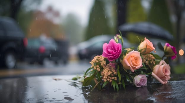 rainy funeral with bokeh. Neural network generated in May 2023. Not based on any actual person, scene or pattern.
