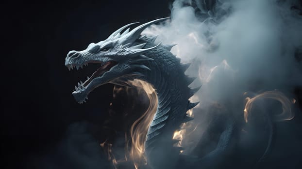 ethereal dragon with smoke on black background. Neural network generated in May 2023. Not based on any actual person, scene or pattern.
