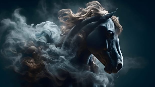 artisticly lit horse head with smoke and fumes on black background. Neural network generated in May 2023. Not based on any actual scene or pattern.