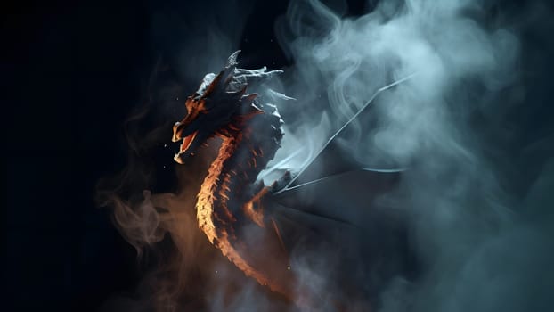 ethereal dragon with smoke on black background. Neural network generated in May 2023. Not based on any actual person, scene or pattern.