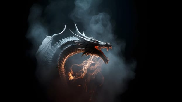 ethereal dragon with smoke on black background. Neural network generated in May 2023. Not based on any actual person, scene or pattern.