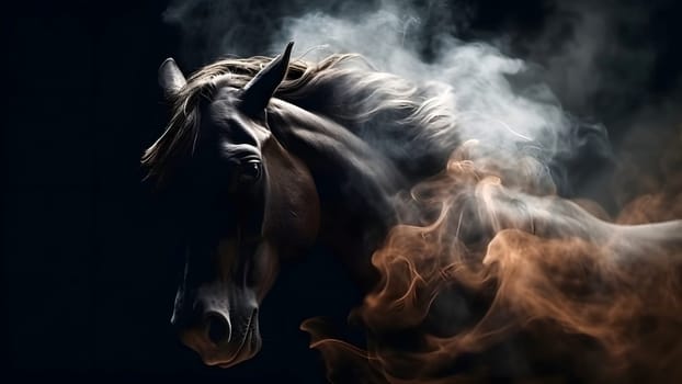 artisticly lit horse head with smoke and fumes on black background. Neural network generated in May 2023. Not based on any actual scene or pattern.