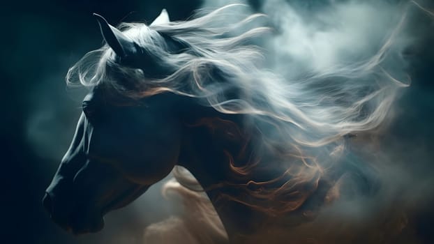 artisticly lit horse head with smoke and fumes on black background. Neural network generated in May 2023. Not based on any actual scene or pattern.