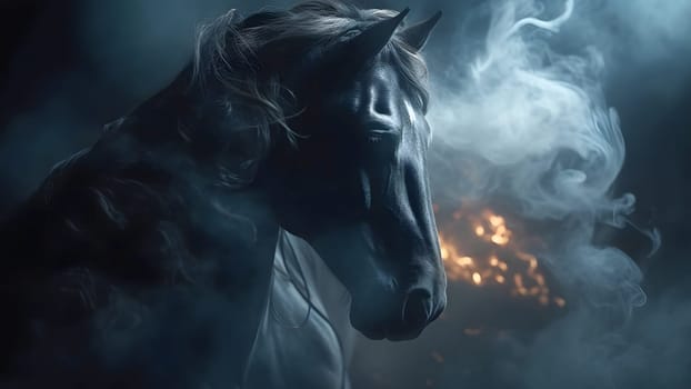 artisticly lit horse head with smoke and fumes on black background. Neural network generated in May 2023. Not based on any actual scene or pattern.