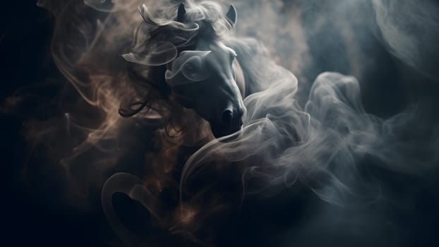 artisticly lit horse head with smoke and fumes on black background. Neural network generated in May 2023. Not based on any actual scene or pattern.