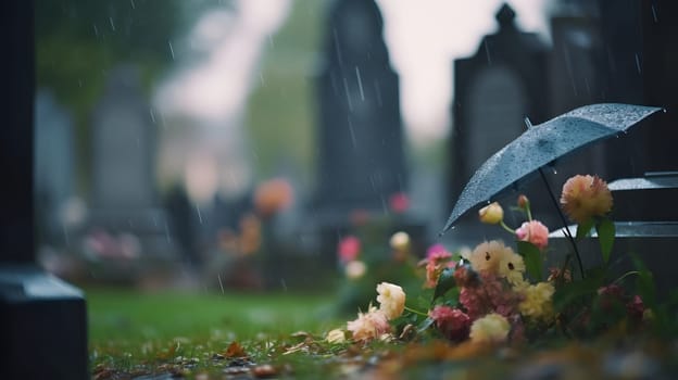 rainy funeral with bokeh. Neural network generated in May 2023. Not based on any actual person, scene or pattern.