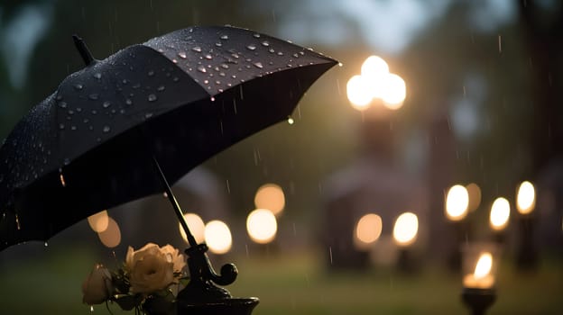 rainy funeral with bokeh. Neural network generated in May 2023. Not based on any actual person, scene or pattern.