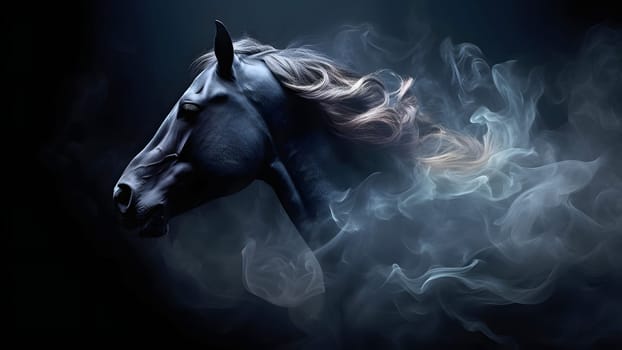 artisticly lit horse head with smoke and fumes on black background. Neural network generated in May 2023. Not based on any actual scene or pattern.