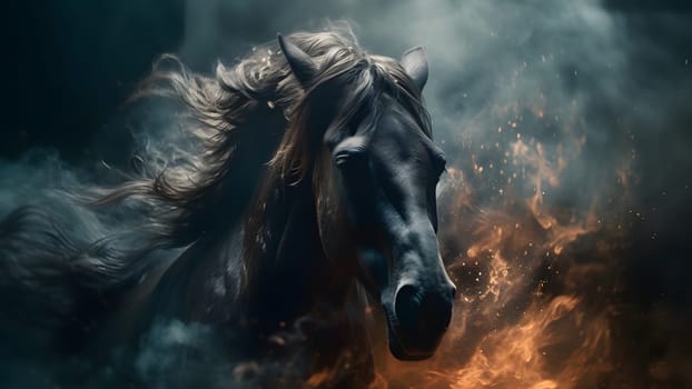 artisticly lit horse head with smoke and fumes on black background. Neural network generated in May 2023. Not based on any actual scene or pattern.
