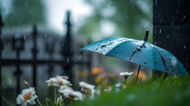 rainy funeral with bokeh. Neural network generated in May 2023. Not based on any actual person, scene or pattern.