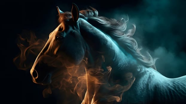 artisticly lit horse head with smoke and fumes on black background. Neural network generated in May 2023. Not based on any actual scene or pattern.