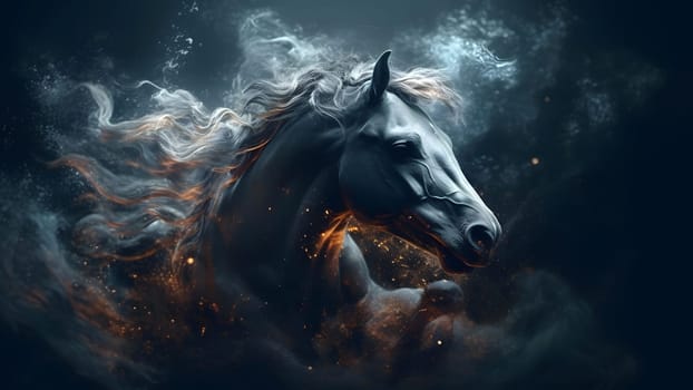 artisticly lit horse head with smoke and fumes on black background. Neural network generated in May 2023. Not based on any actual scene or pattern.