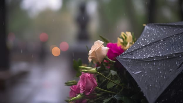 rainy funeral with bokeh. Neural network generated in May 2023. Not based on any actual person, scene or pattern.