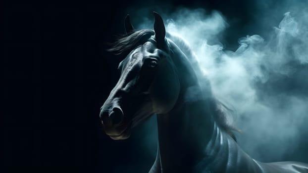 artisticly lit horse head with smoke and fumes on black background. Neural network generated in May 2023. Not based on any actual scene or pattern.
