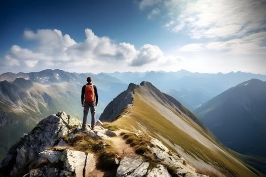 Tourist on mountain peak at sunny summer day. Active life and leisure concept.. Neural network generated in May 2023. Not based on any actual person, scene or pattern.
