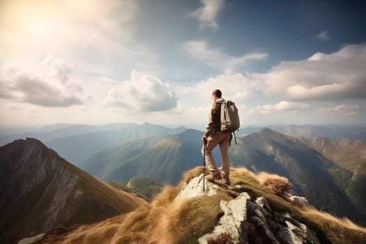 Tourist on mountain peak at sunny summer day. Active life and leisure concept.. Neural network generated in May 2023. Not based on any actual person, scene or pattern.