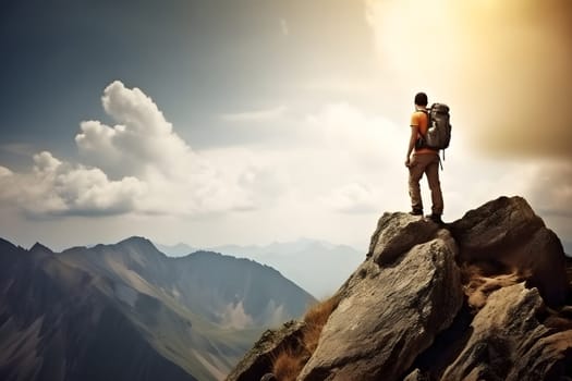 Tourist on mountain peak at sunny summer day. Active life and leisure concept.. Neural network generated in May 2023. Not based on any actual person, scene or pattern.