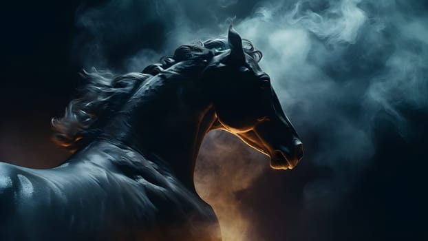 artisticly lit horse head with smoke and fumes on black background. Neural network generated in May 2023. Not based on any actual scene or pattern.