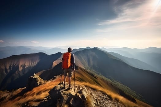 Tourist on mountain peak at sunny summer day. Active life and leisure concept.. Neural network generated in May 2023. Not based on any actual person, scene or pattern.