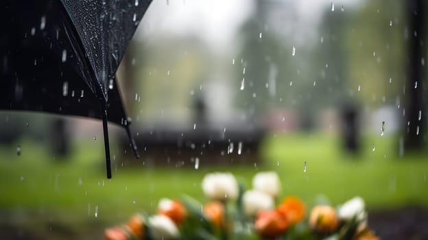 rainy funeral with bokeh. Neural network generated in May 2023. Not based on any actual person, scene or pattern.