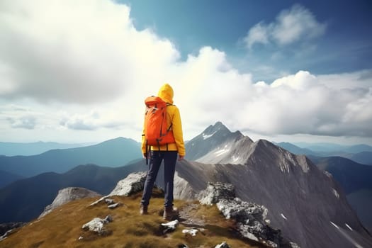 Tourist on mountain peak at sunny summer day. Active life and leisure concept.. Neural network generated in May 2023. Not based on any actual person, scene or pattern.
